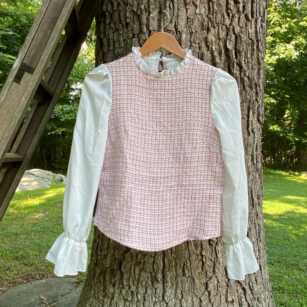 pink long sleeve blouse with mesh sleeves